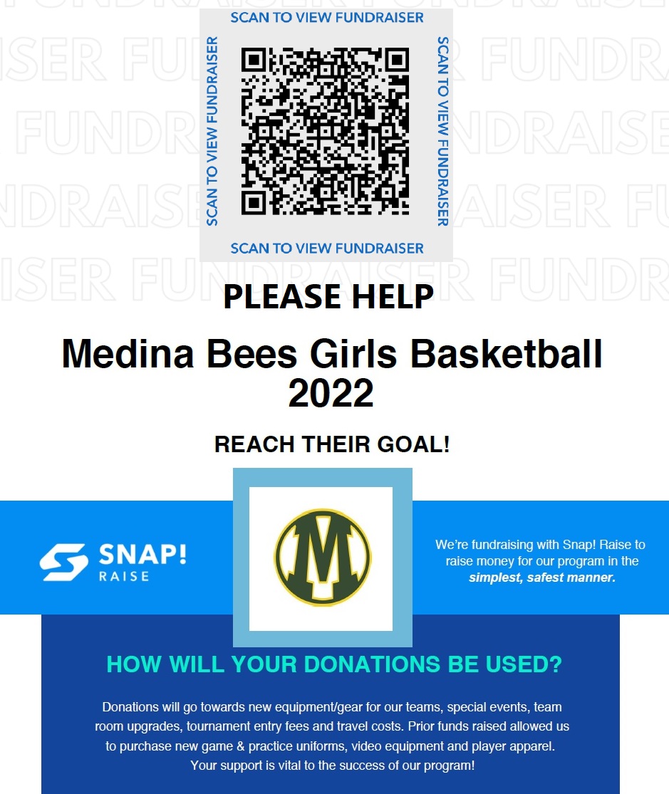 Please help our basketball players reach goals in 2022-23!  If you can donate to our Medina Girls Basketball team fundraiser, please scan the QR code or follow the link to our page. Thank you!  raise.snap.app/fundraisers/me…