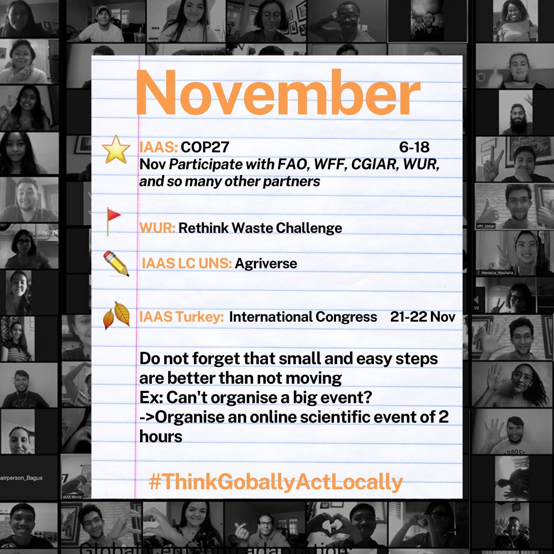 Hello FamilIAAS!
November has already started! The main event this month is The #cop27🌍. IAAS will voice #youth's Voice during those 2 weeks. 
#ThinkGloballyActLocally 
#GoFurtherGoIAAS 
#WeBelieveinIAAS 
#HumansofIAAS