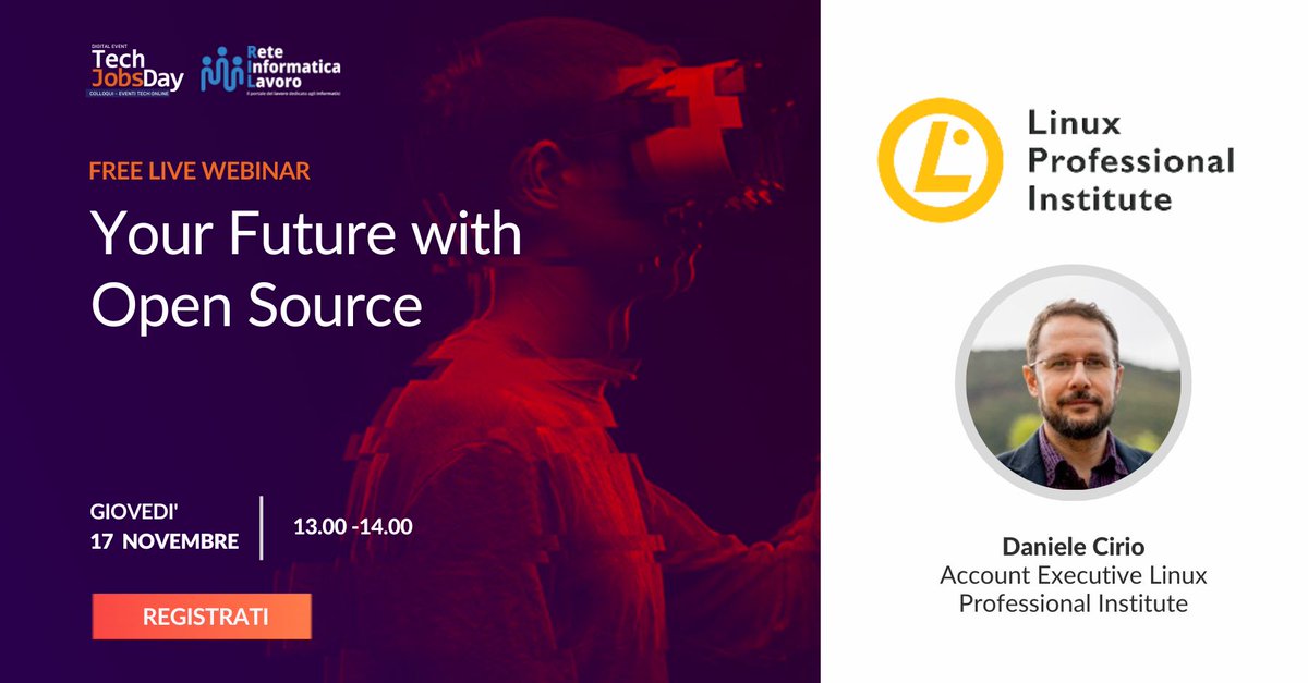 Reteinformatica's tweet image. Ospiti al #techjobsday2022  @LPIConnect @ItaliaLPI con un talk dal titolo: "Your Future with #opensource  con Daniele Cirio ✅giovedì 17 novembre dalle 13.00 ✅
Registrati ora: bit.ly/31uOl5P

#webinar #future #professioni