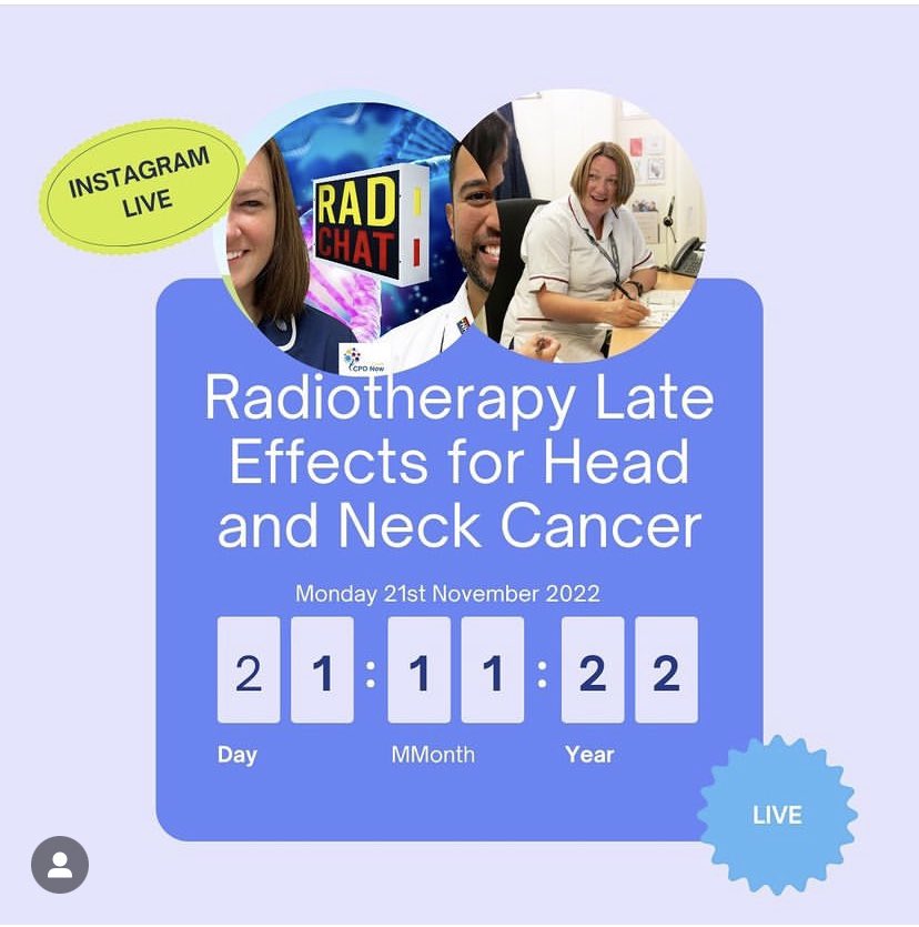 We have the award winning @EmmaHallam6 joining us for an Instagram Live. Save the date and follow Rad__Chat on #instagram. #cancer #oncology #lateeffects #radiotherapy @SCoRMembers @radiotherapy_uk @LTHRadiotherapy @ipsradiotherapy @GCU_RTOS @MTWRadiotherapy @RTatBHRUT