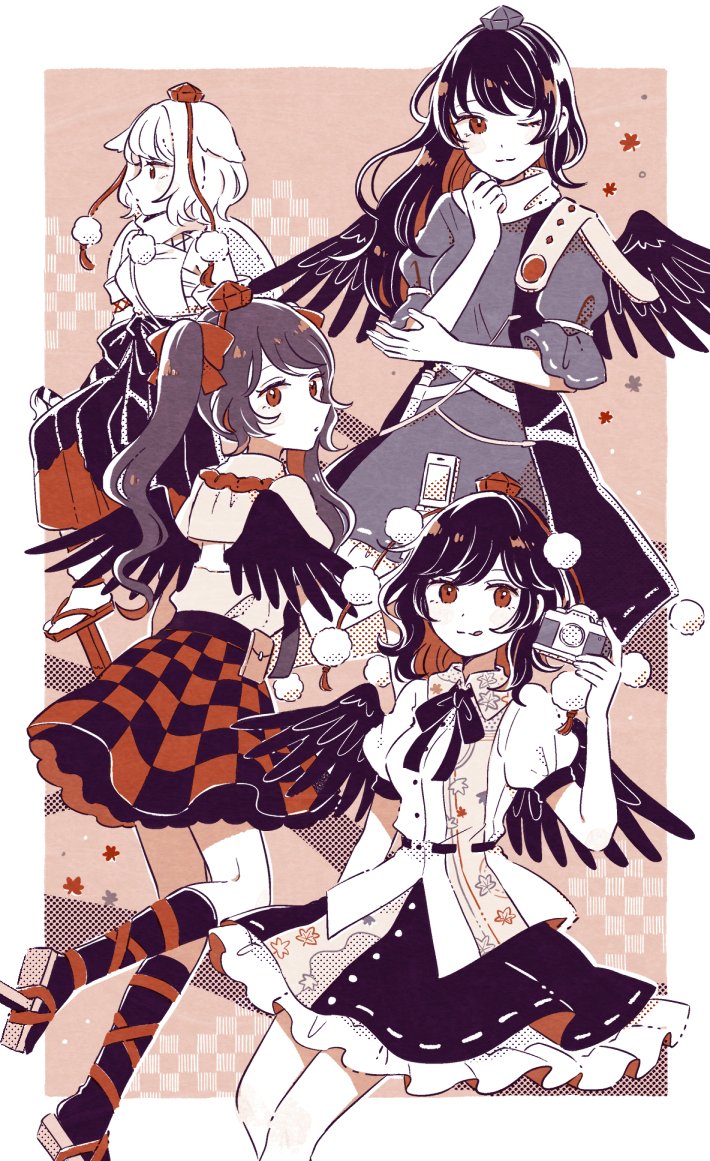 himekaidou hatate ,iizunamaru megumu ,inubashiri momiji ,shameimaru aya multiple girls pom pom (clothes) tokin hat hat skirt wings shirt  illustration images