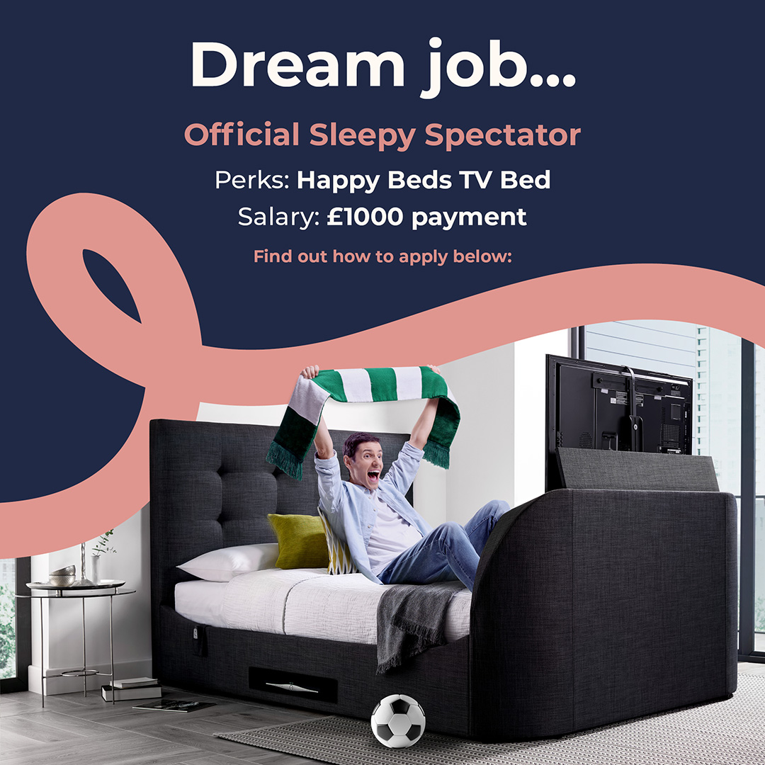📢 DREAM JOB ALERT For the chance to WIN £1000 + a TV Bed: ⚽ Share your cosy TV set up ⚽ Tag Happy Beds ⚽ Use the hashtag #SleepySpectator ⚡EXTRA ENTRY: Tag your football pals Ends 23.11.22, winner announced 25.11.22. Full T&Cs: bit.ly/3UEEjW2