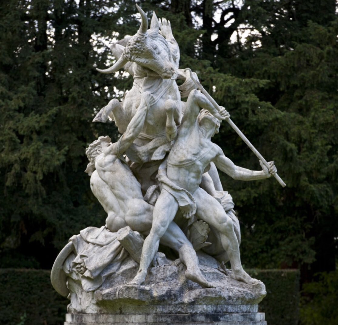 Swedes2Turnips1's tweet photo. On my dog walk across the Rothamsted Estate this morning, I came across the 1908 sculpture The Death of Dirce by Charles Lawes-Witterwronge. Its bronze twin sits outside Tate Britain. #Harpenden #Dirce #Amphion #Zethus https://t.co/jZcEw3EHln