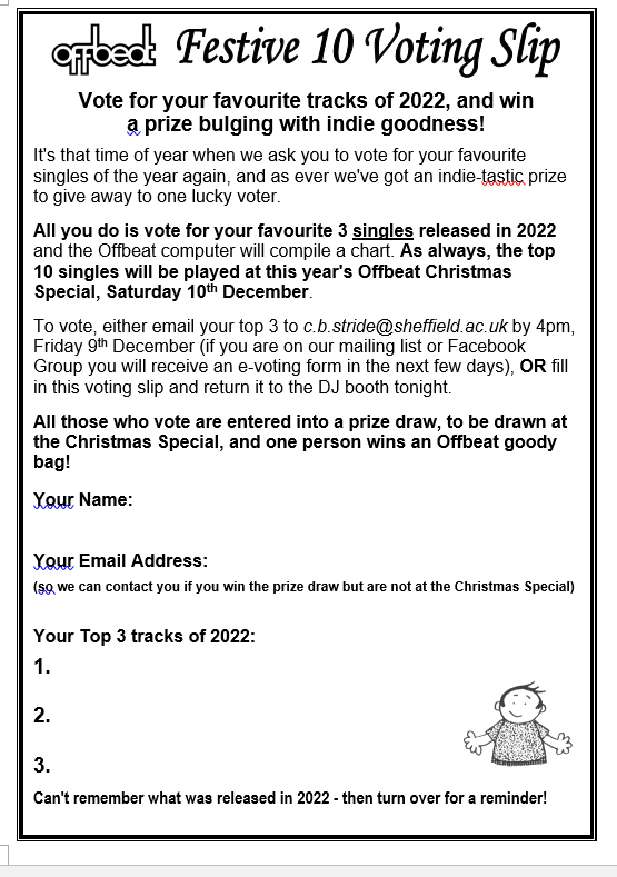 Offtweat's tweet photo. At tonight's Offbeat we'll be starting to collect votes towards this year's Offbeat Festive 10... simply complete the voting slip you'll be given and hand to me or Jess... alternatively you'll have the opportunity to vote online if you're on the facebook group or mailing list https://t.co/FkyuZs1Toj