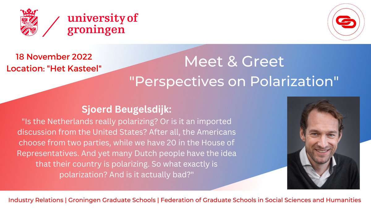 RUG_IR's tweet photo. On 18 November 2022 @univgroningen organizes the Meet &amp; Greet: “Perspectives on Polarization”. 

One of our keynote speakers will be prof. dr. Sjoerd Beugelsdijk, who will share from his book 'De verdeelde Nederlanden (Divided Netherlands)'.

More info: https://t.co/GM6nDUS4hR https://t.co/OJsgu9aGx9