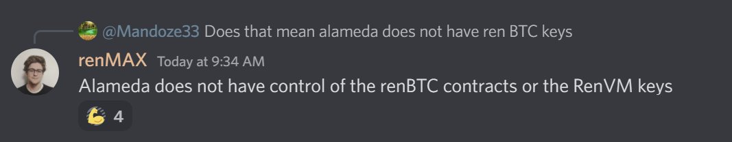 arv1ee's tweet photo. 📢Calling all fRENs!

Spread the word and help me put an end to the emerging $renBTC fud! 

As per Ren Labs team member: "Alameda does not have control of the renBTC contracts or the RenVM keys"

$renBTC is 100% safe as it always was! https://t.co/8i1BswRZpQ
