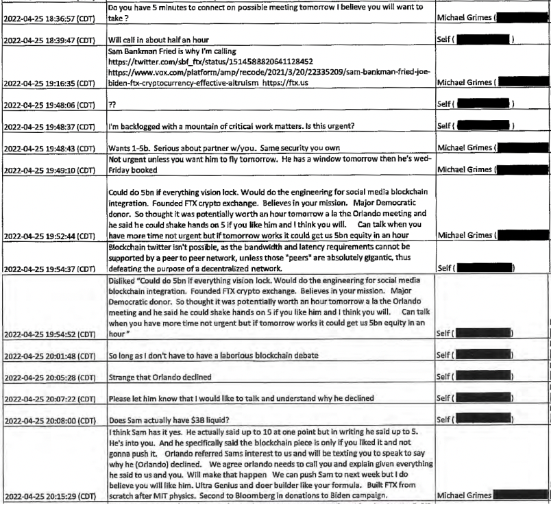 MattBinder's tweet photo. there will never be a funnier day to repost these text messages:

here are the released texts from the Twitter lawsuit between Elon Musk, a professor, a banker, and even Sam Bankman-Fried of FTX himself about SBF possibly getting in on Musk's Twitter deal earlier this year https://t.co/CLc8phY9o7