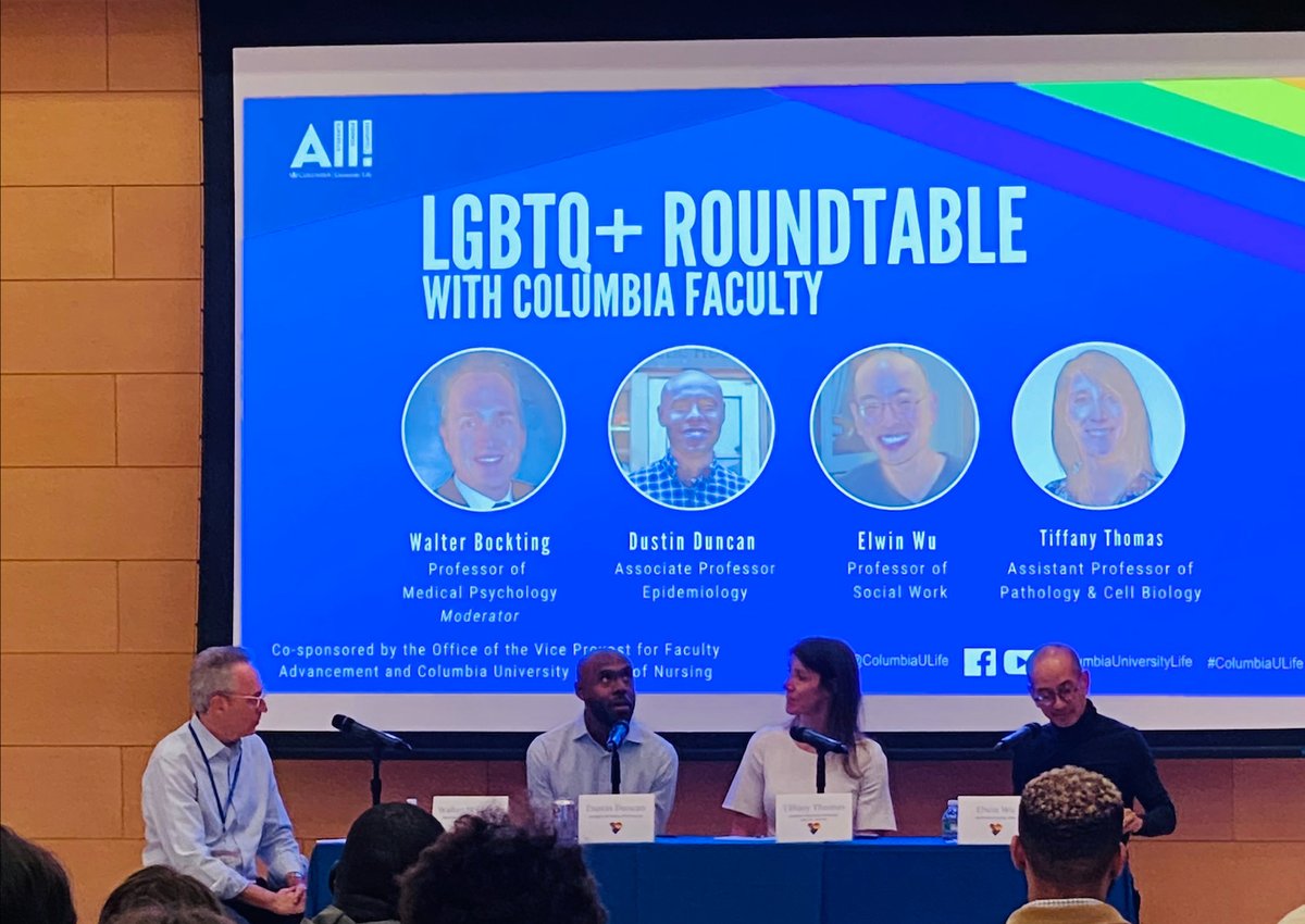 Thanks to <a href="/drdustinduncan/">Dustin Duncan</a>, Elwin Wu, Tiffany Thomas and moderator Walter Bockting for sharing their experiences at last night's <a href="/ColumbiaULife/">ColumbiaULife</a> LGBTQ+ Faculty Roundtable!