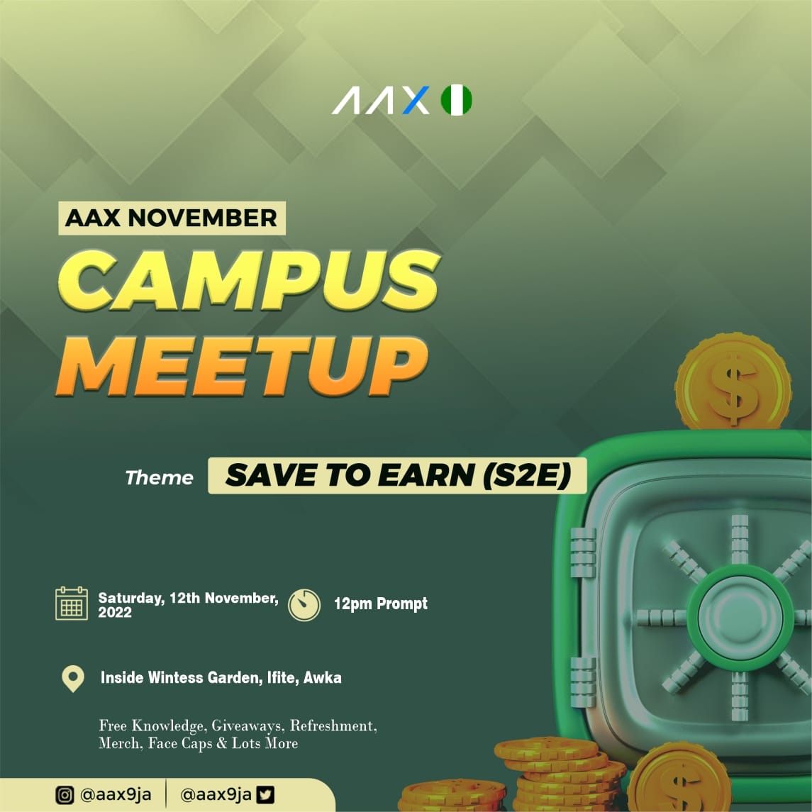 blockchainNAU's tweet image. @AAXExchange in collaboration with @blockchainNAU is inviting you all to come and learn about Cryptocurrency FREE OF CHARGE and also learn how to #SavetoEarn

For more info, please refer to the flyer.

Join this group, if you are sure of your attendance
chat.whatsapp.com/LXG13N8RyHM3io…
