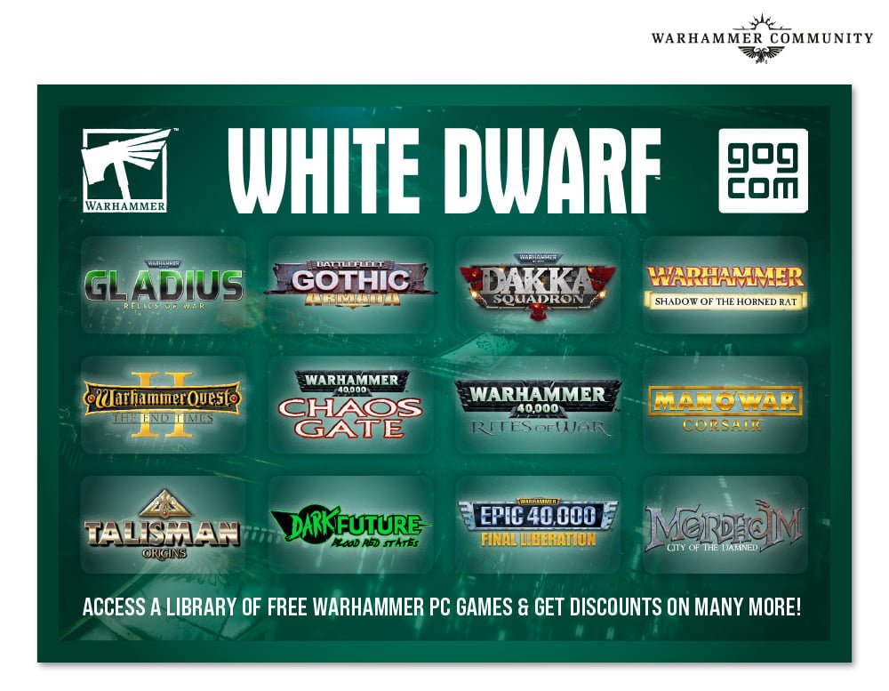 Rejoice, Warhammer fans! 🔨

This month's amazing issue of White Dwarf will feature not one, not two, but 12(!) FREE Warhammer video games to redeem on GOG 🤯💜

Read more and subscribe to White Dwarf right here 👉 bit.ly/3WRgyfg | @WarComTeam