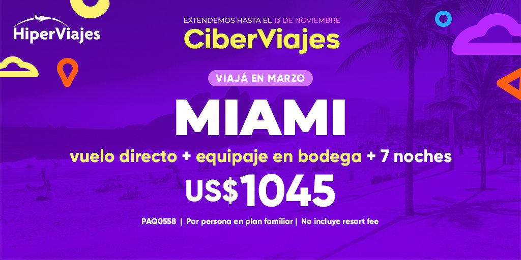 ¡Extendimos el #CIBERVIAJES y tu oportunidad de volar a donde quieras con descuento! 🔥✈️ 

👉🏼 ¡Viajar a Miami es siempre una opción ideal para disfrutar en familia!