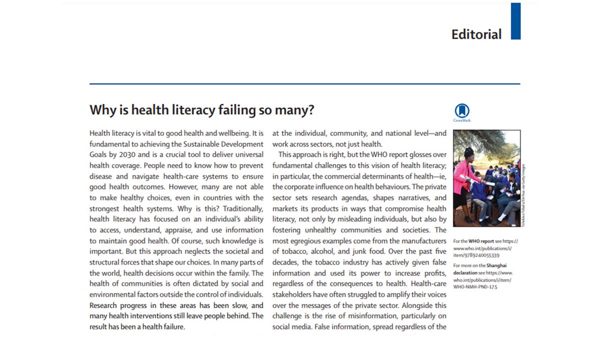 "Traditionally, #health literacy has focused on an individual's ability to access, understand, appraise and use information to maintain good health....But this approach neglects the societal and structural forces that shape our choices" <a href="/TheLancet/">The Lancet</a> thelancet.com/journals/lance…