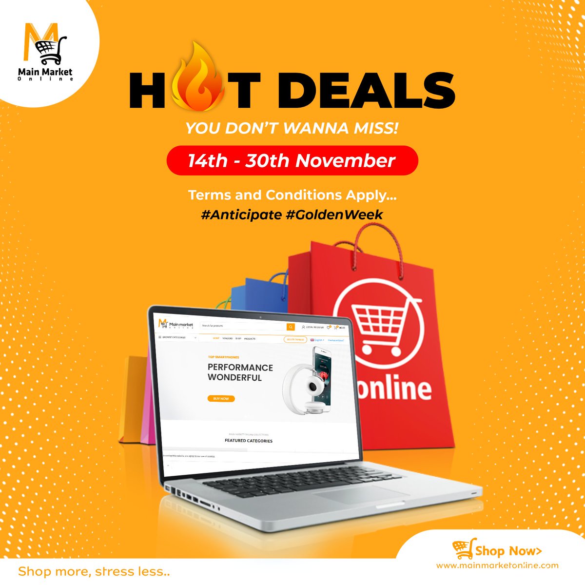 MainMarket's tweet photo. It's almost here!
The biggest deal on #mainMarketOnline.
Shop so much for much less on our #GoldenWeek sales.
Starting 14th - 30th November 2022.
So much items to buy from, lots of prizes to be won.
You don't wanna miss this!
#MainMarketOnline #GoldenWeek #GoldenWeekSales https://t.co/s7ptifMJjU