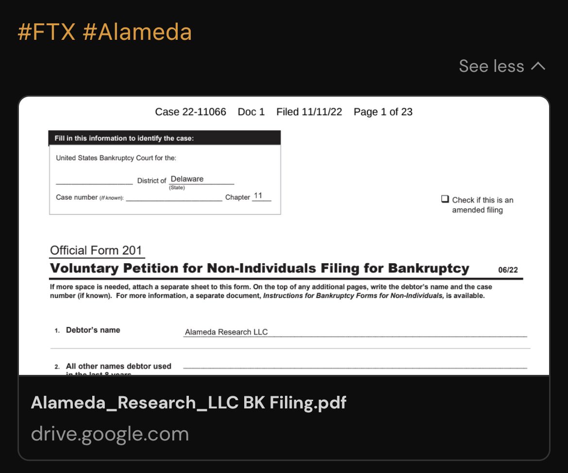 If you’re interested in taking a look at the initial raw bankruptcy filing for @FTX_Official, @AlamedaResearch by @SBF_FTX with a full list of their corporate entities, I’ve posted it to the @cryptowat_ch social feed.