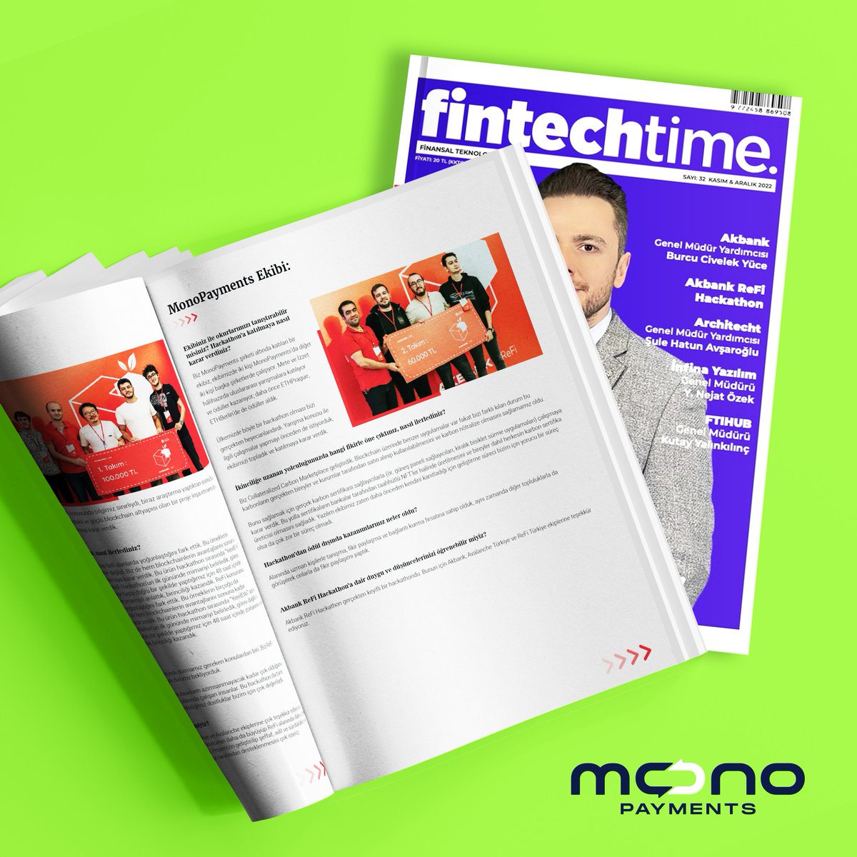 ✍️ We were the subject of the November issue of Fintech Time magazine with our "MonoCarbon" project, where we won the 2nd place at Akbank Refi Hackathon.

We would like to thank <a href="/fintechtime/">FinTechTime 🚀</a> for the interview and <a href="/Akbank/">Akbank</a>, @avalancheavax and <a href="/refi_turkiye/">ReFi Türkiye</a> for the hackhathon. 💪