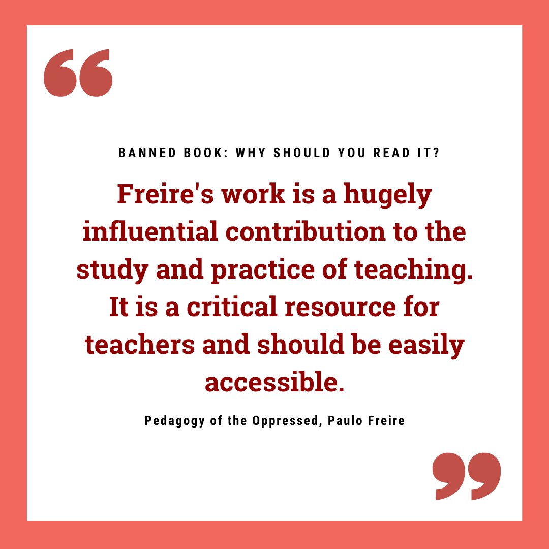 For our last Banned Book Friday recommendation this week, we have...  

📙 Pedagogy of the Oppressed by Paulo Friere 

The text has been banned in some regions of South Africa, Latin America, and even in Arizona 📚 #bannedbookfridays #pennstateenglish