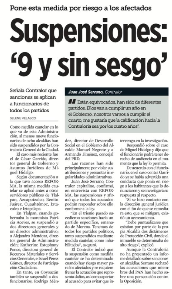 JuanJSerranoM's tweet photo. Buen día a todas y todos. Adjunto una nota publicada el día de hoy en el diario @Reforma en su sección @reformaciudad. @ContraloriaCDMX @GobCDMX https://t.co/LY4zzaIIlR