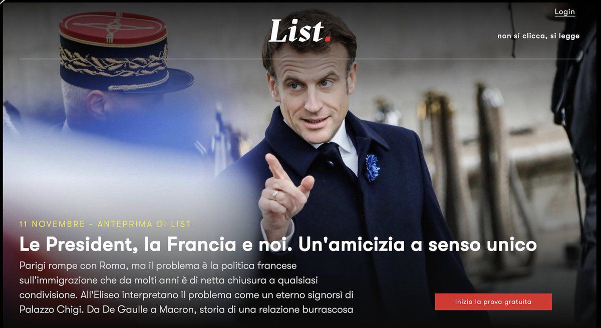 🇮🇹 🇫🇷 Le President, la Francia e noi. Un'amicizia a senso unico. Non è solo l'immigrazione a dividere Roma e Parigi. Storia di una relazione burrascosa. Da De Gaulle a Macron.

Leggi #List newslist.it