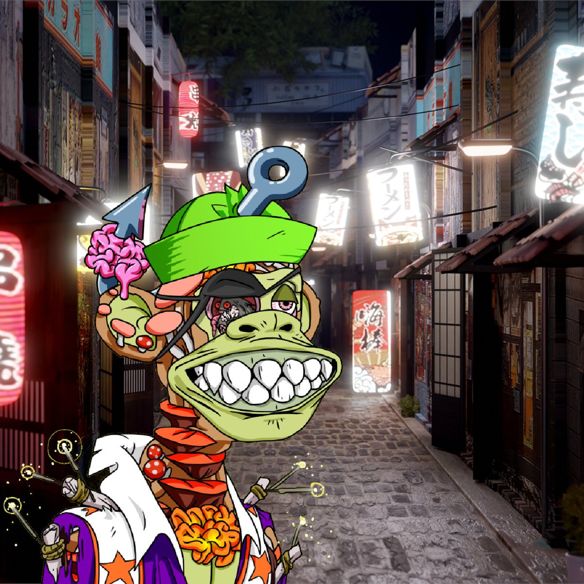 SmotheringNft's tweet photo. My daring #MAYC matey just ventured deep in the back-alleyways of the #Futureverse and he's liking what he sees! @flufworld @futureverse https://t.co/PmEXj3Xh0p