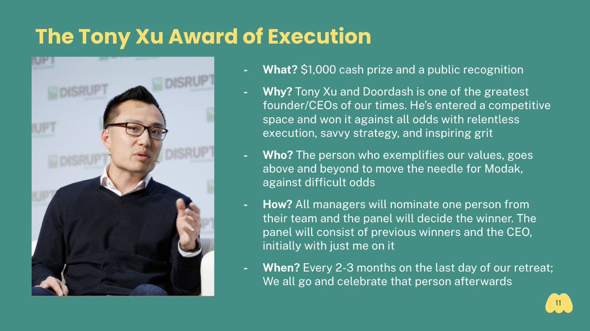Culture is built through rituals, norms, and role models. <a href="/t_xu/">Tony Xu</a> is ours. Hence, even at an early stage and amidst this macro turbulence of cost cutting, we at <a href="/modakmakers/">Modak</a> leaned in and launched our award of execution.