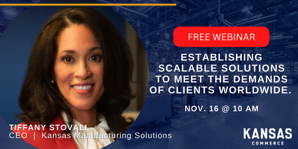 Tiffany Stovall, CEO of KMS, will present business practices that will help your manufacturing organization adapt to global demands, positioning you for growth opportunities. Register for the Nov 16th KS Depart of Commerce International Division webinar. bit.ly/3fK3kQM
