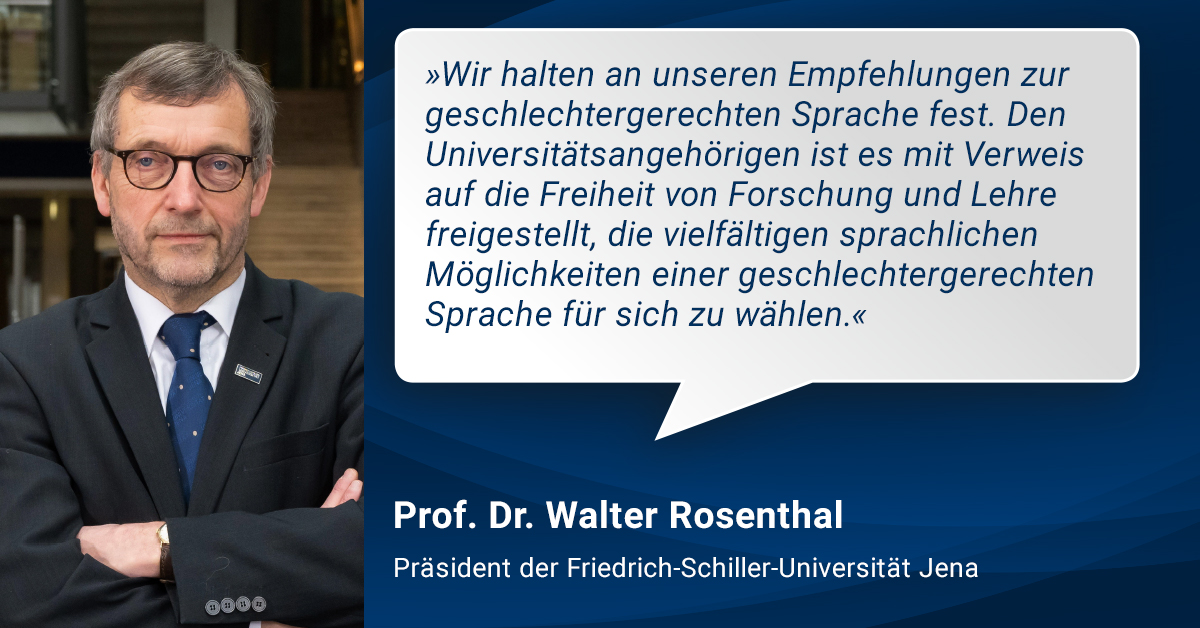 Universität Jena (@unijena) on Twitter photo „Sprache wird an der Friedrich-Schiller-Universität Jena wissenschaftlich betrachtet“, sagt Walter Rosenthal, Präsident <a href="/UniJena/">Universität Jena</a> im Hinblick auf die gestrige Entscheidung des <a href="/ThuerLandtag/">Thüringer Landtag</a> zur geschlechtergerechten Sprache. 1/3 „Sprache wird an der Friedrich-Schiller-Universität Jena wissenschaftlich betrachtet“, sagt Walter Rosenthal, Präsident <a href="/UniJena/">Universität Jena</a> im Hinblick auf die gestrige Entscheidung des <a href="/ThuerLandtag/">Thüringer Landtag</a> zur geschlechtergerechten Sprache. 1/3