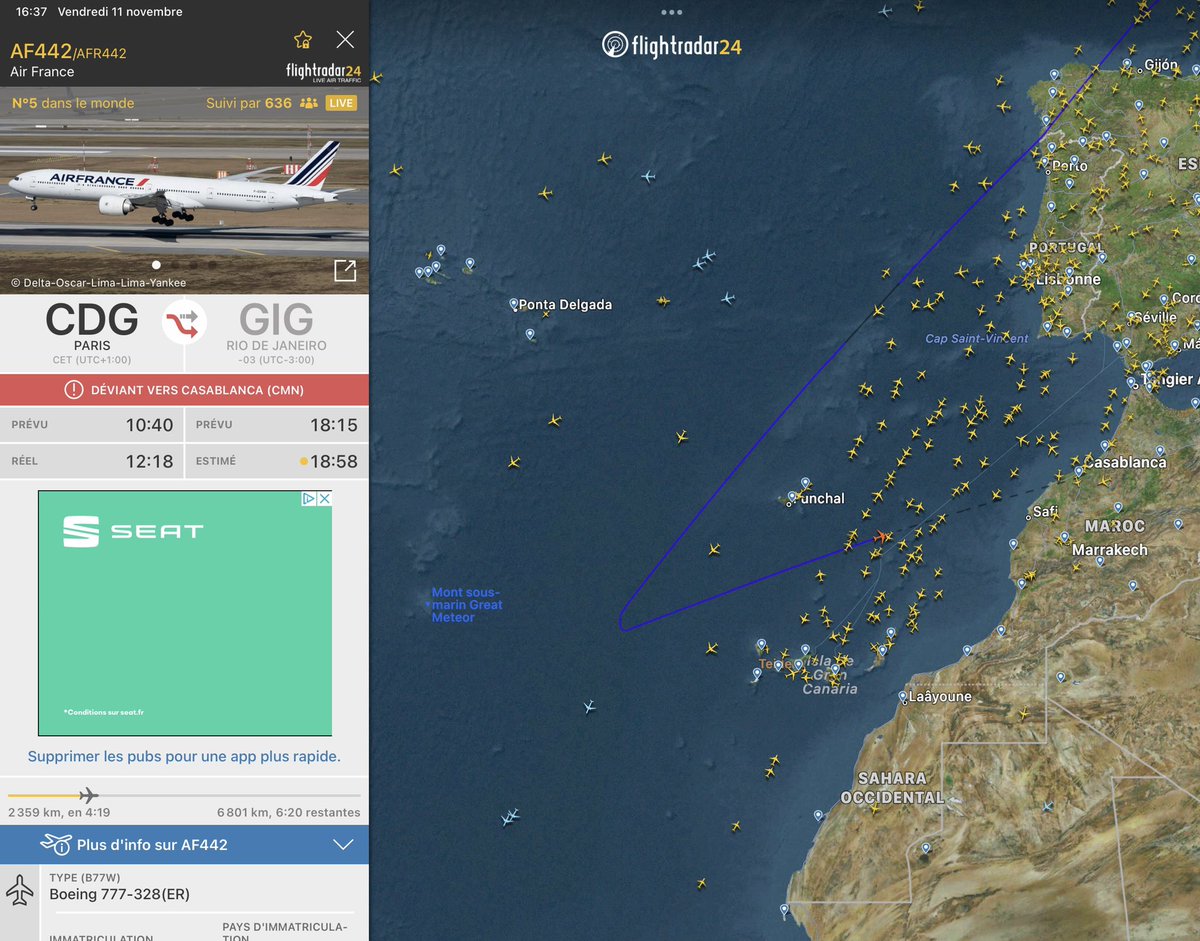 cpt_af's tweet photo. Air France #AF442 CDG to Rio de Janeiro/Galeao (Boeing 777-300ER F-GZNH) has turned back near the Canaries and is diverting to Casablanca…
#AirFrance🇫🇷 #B777🇫🇷 https://t.co/ah2jfPowQC