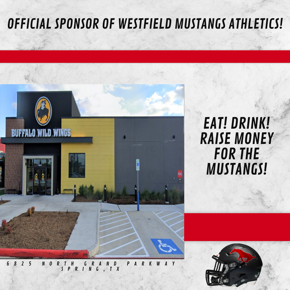 Bi-District round for @fb_westfield tonight! Support Mustangs athletics by stopping by @BWWings sports bar and mention that you support Mustang Nation. 10% of your bill goes back to the Mustang Booster Club! Edit courtesy of @GoEditGraphics