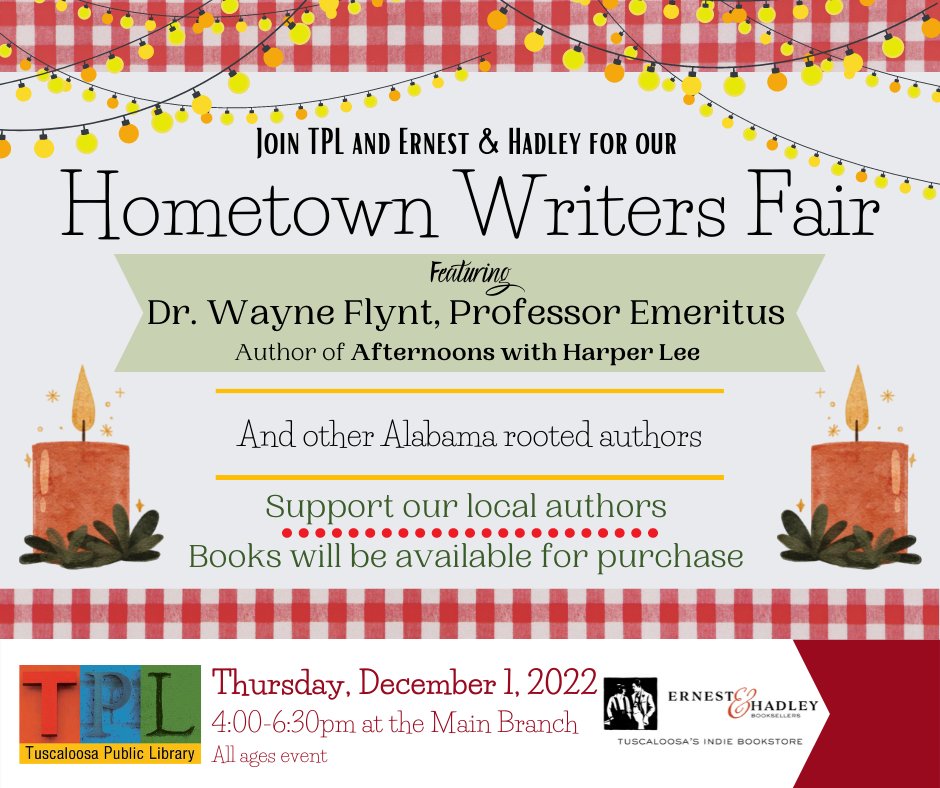 tplbooks's tweet photo. We are excited to partner with @ernestandhadley to host our first Hometown Writers Fair at the Tuscaloosa Public Library's Main Branch! If you're a local author and would like to be considered for this event, please fill out the interest form below!#TPL 

https://t.co/9T2DIdpQls https://t.co/QpSiTEnUTd