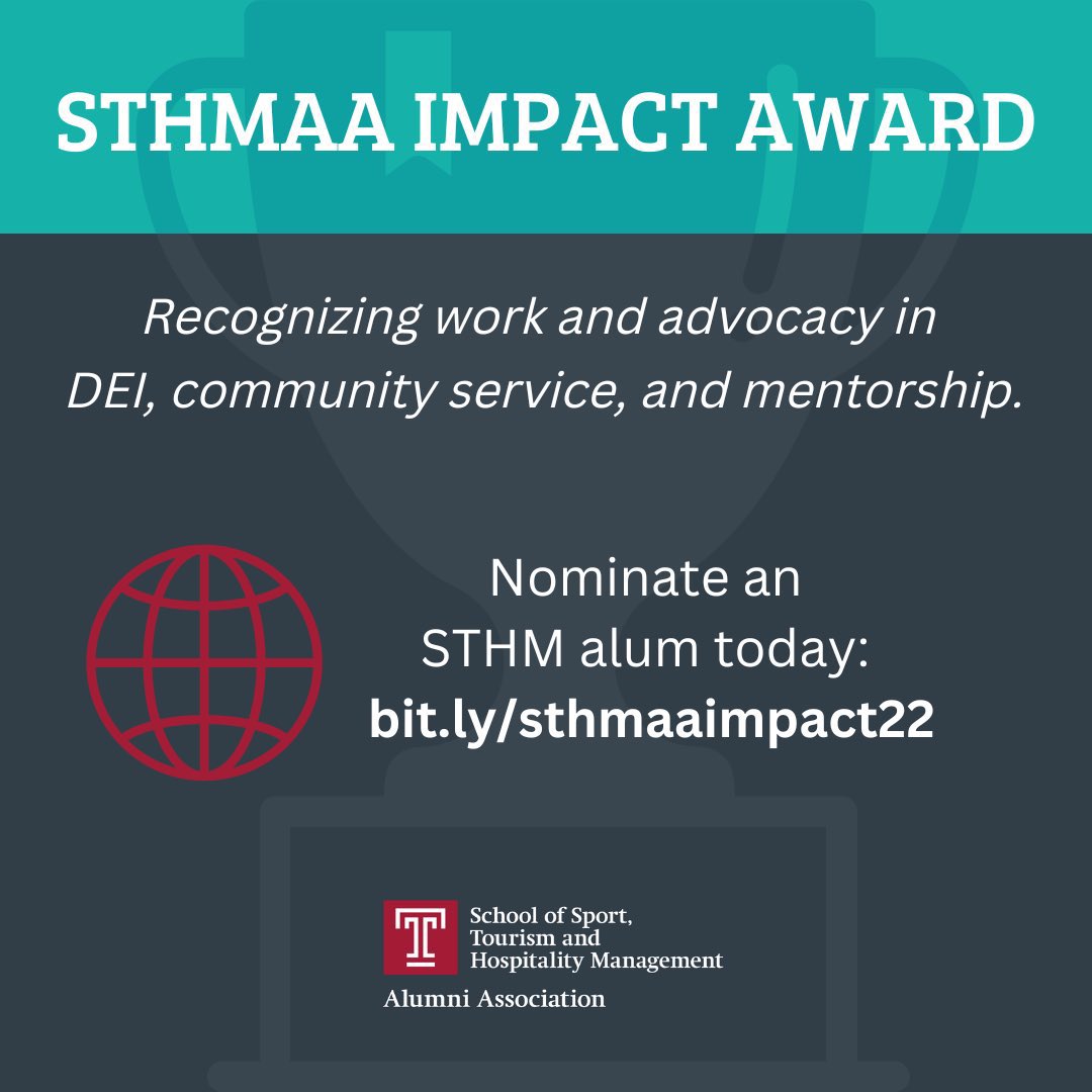 #STHMAlumni: Nominate a fellow alum for the STHMAA Impact Award! The board looks forward to celebrating this year's honoree at the annual Alumni Association Holiday Party. Learn more about the award criteria and submit a nomination: buff.ly/3W056gM <a href="/TempleSTHM/">STHM @ Temple Univ.</a>