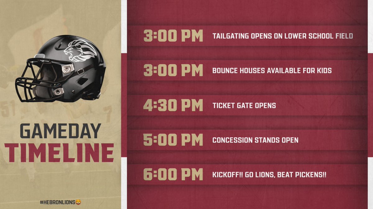 HebronLions's tweet photo. 🏈 It's 𝐏𝐋𝐀𝐘𝐎𝐅𝐅 𝐓𝐈𝐌𝐄‼️

🆚 Pickens County HS
📍 Burlingame Field
⏰ Kickoff at 6 p.m.
🍔 Tailgate opens at 3 p.m.
🎟 Ticket gate open at 4:30 p.m.
💻 https://t.co/2X01PFse43 (💰)

#HebronLions x 
@HebronLionsFB https://t.co/b0RYdG7KiE