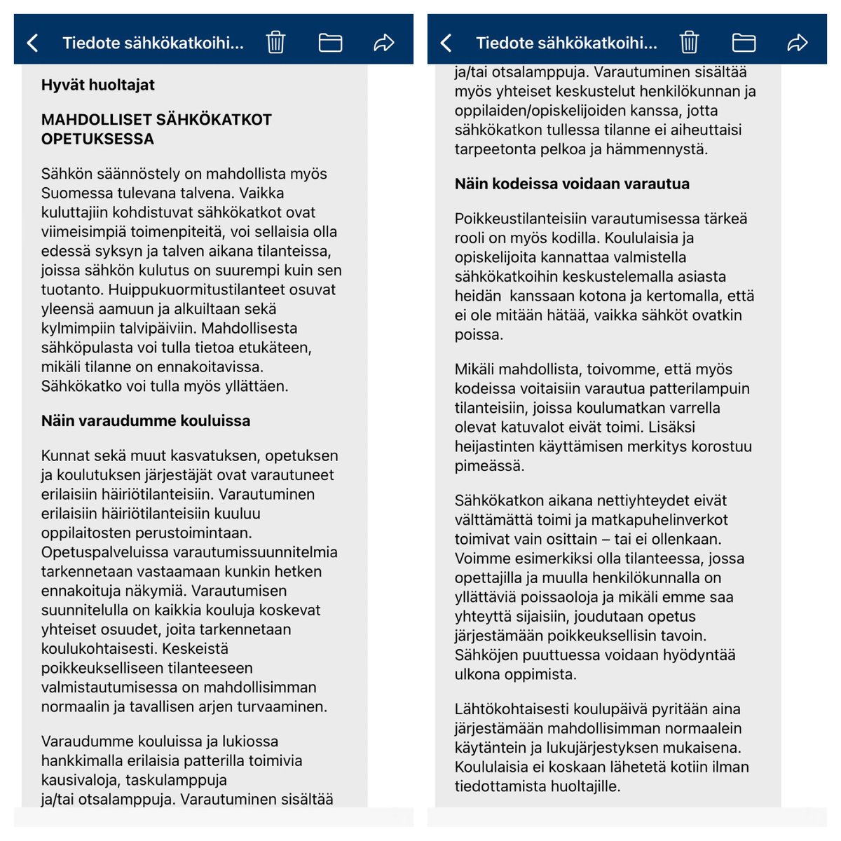 LHakkanen's tweet photo. Koulusta on jo tullut wilma-viesti kuinka varautua mahdollisiin sähkökatkoihin!
Pitää varautua taskulampuilla ja keskustella, ettei lapset koe pelkoa ja hämmennystä!
Hallitus tässä saa kokea pelkoa jos tämän antavat tapahtua!😤 https://t.co/oOfMUZipps