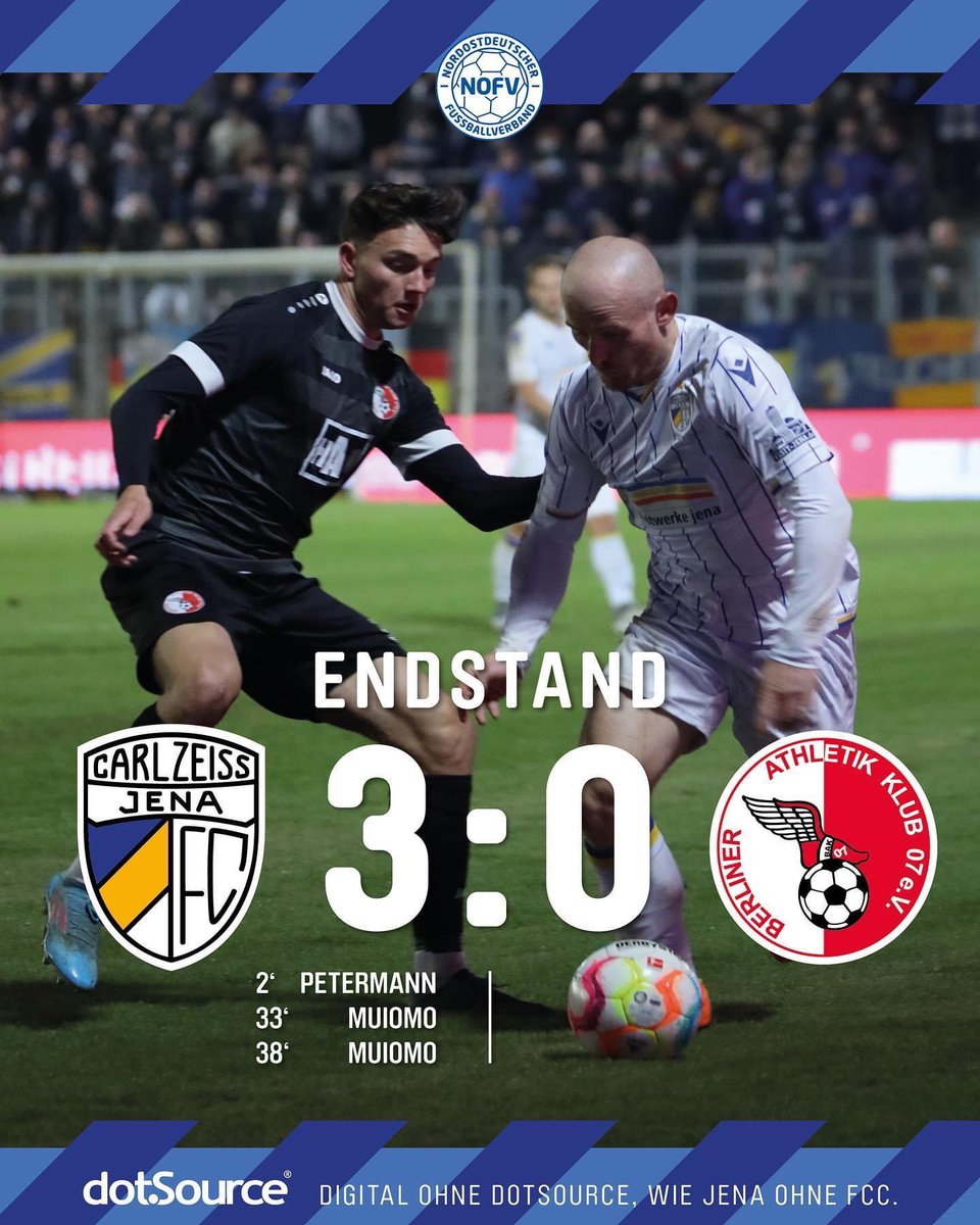 fccarlzeissjena's tweet photo. +++ 𝐇𝐄𝐈𝐌𝐒𝐈𝐄𝐆 +++
Das tut gut. Es bleibt beim 3:0 gegen den Berliner AK 07. Eine klasse Mannschaftsleistung, eine solide zweite Halbzeit. Die 3 Punkte bleiben im Paradies!
Wir bedanken uns bei den Fans im Rücken 💙💛🤍
__________________________
#FCC #FCCBAK https://t.co/UwfhCOLaRY