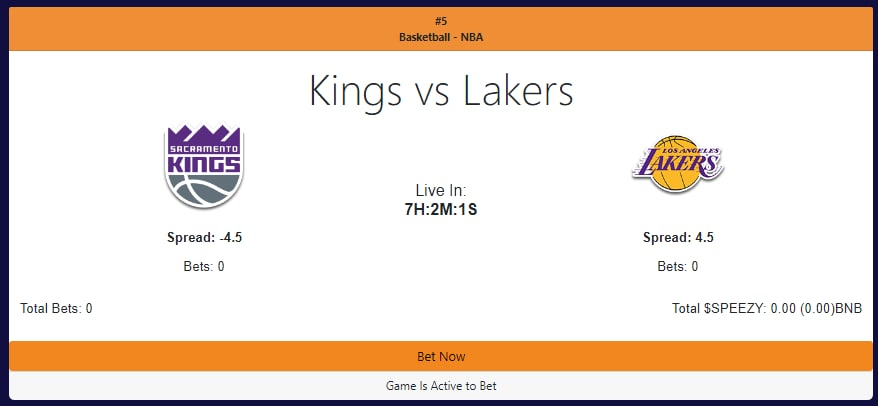 Just released a major update for Speezy Bets! Grab your $SPEEZY on BSC and head over for 0 Fee Betting! The game of the night is Kings vs Lakers!

#NBA #lakers #kings #bscgems #bsc #binance #wci #sportsbetting #betting
