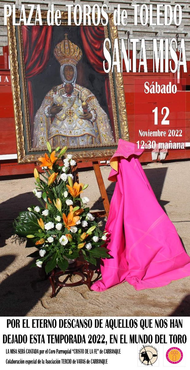 TercioDeVaras's tweet photo. El sábado, 12 de noviembre, tendrá lugar la ya tradicional misa en la Plaza de toros de Toledo por el eterno descanso de aquellos que nos han dejado esta temporada.

Este año, con motivo de nuestro V Aniversario, participaremos en la misa.

¡Os esperamos! 🤗 https://t.co/YEwcCkZyBE