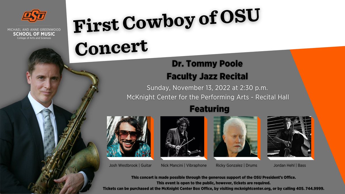 Dr. Tommy Poole is the recipient of this year's Friends of Music Outstanding Musician Award - First Cowboy of OSU! Join us this Sunday, Nov. 13 at 2:30pm in the McKnight Center Performance Hall for a special concert. Tickets are available in the link in bio! #OKStateMusic