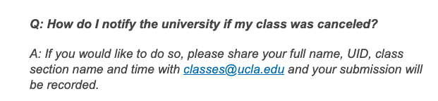 Hi Please feel free to spam this strike ratline set up by UCLA starting Monday: classes at ucla dot edu