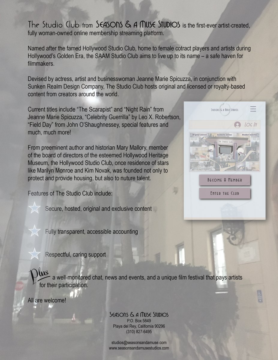 Our new promtional one-sheet for #thestudioclub <a href="/SAAMstudios/">Seasons & a Muse</a> <a href="/JeanneSpicuzza/">Jeanne Marie Spicuzza</a> <a href="/sunkenrealm/">Sunken Realm Design</a> 🎥 

seasonsandamusestudios.com/the-studio-club