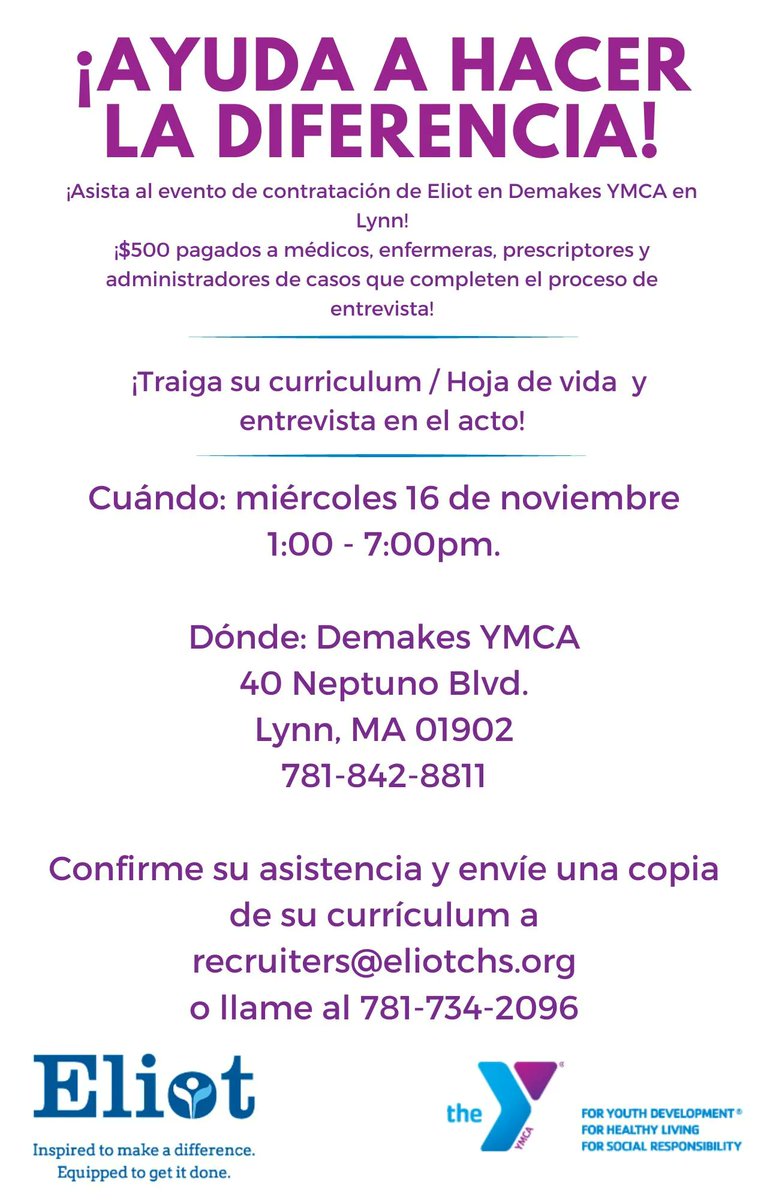 Join us this Wednesday at 1pm for our job fair at the Demakes YMCA in Lynn. RSVP and send a copy to your resume to recruiters@eliotchs.org
