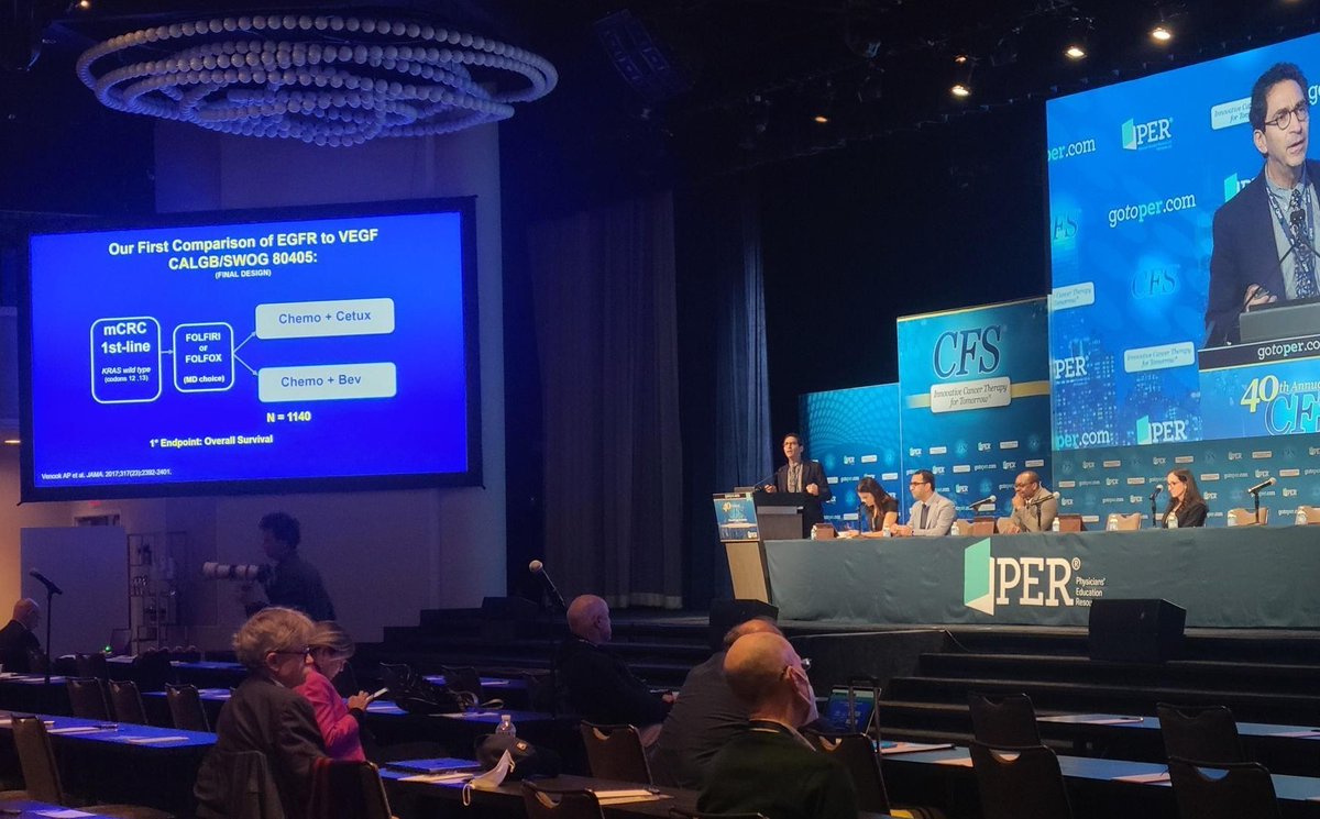 OncLive's tweet photo. Here at #CFS22 we love a good discussion! This afternoon, @pashtoonkasi of @WeillCornell Leonard Saltz, MD, of @MSKCancerCenter debated the use of EGFR inhibitors as a first-line treatment in left-sided, RAS/RAF mCRC. @gotoPER #gotoCFS #gotoPER #CFS40 #crcsm https://t.co/kOK72Smbm4