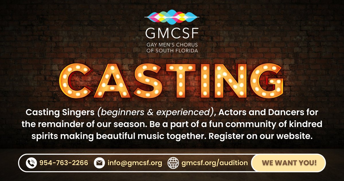 gmcsflorida's tweet image. Casting singers, actors, dancers for upcoming concert performances: Songs of The Phoenix, curated by Broadway Composer Andrew Lippa &amp;amp; Disney PRIDE in Concert–an all-Disney Program written for LGBTQ+ Choruses. gmcsf.org/blog/f/casting… #gmcsf #gaymenschorus #southflorida #wesinggay