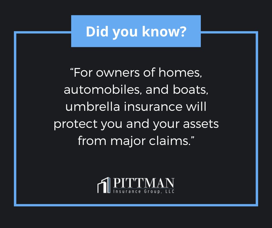 PittmanInsGrp's tweet image. Did you know?
For owners of homes, automobiles, and boats, umbrella insurance will protect you and your assets from major claims.
#PittmanInsurance #DidYouKnowFacts #InterestingFacts #Insurance