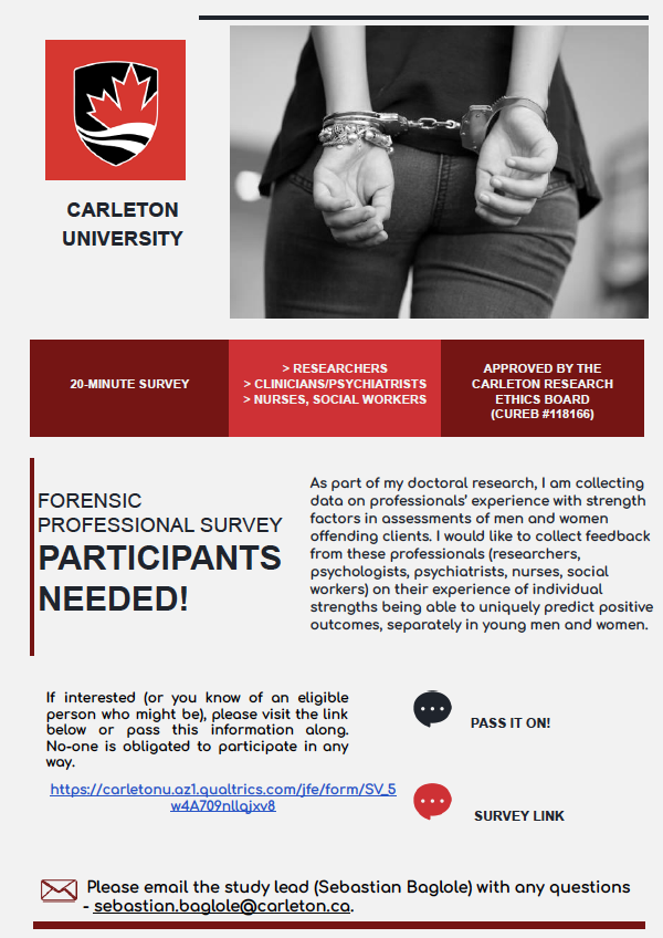 SebastianBaglo1's tweet photo. To my Twitter crew and others, 

Are you a forensic professional, working as a researcher or practitioner?

I would love to get your feedback on a 20-minute survey on strength factors in criminally desisting men and women:
https://t.co/oxLam73G9A

Survey open until December 31st. https://t.co/1YsC9iChsp