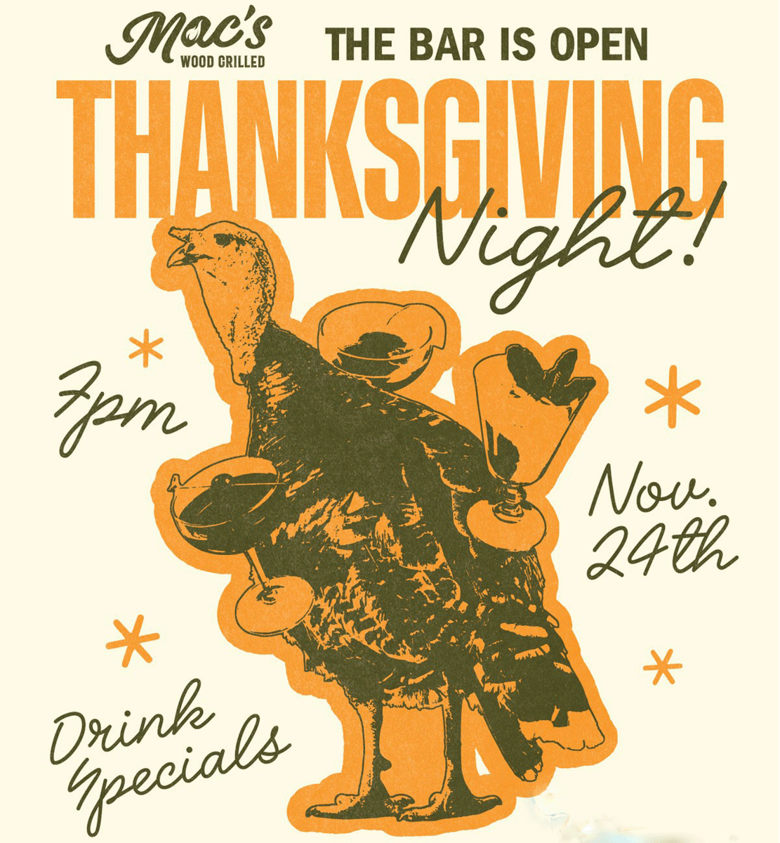 MacsWoodGrilled's tweet photo. Heads up:  the bar is open on #ThanksgivingNight! After you stuff your face with turkey, stop by for some holiday cheer! Daily drink deals + game day specials + we'll be watching the #Patriots take on the #Vikings.  #openthanksgiving #chicagobars https://t.co/SzvR7KDLr3
