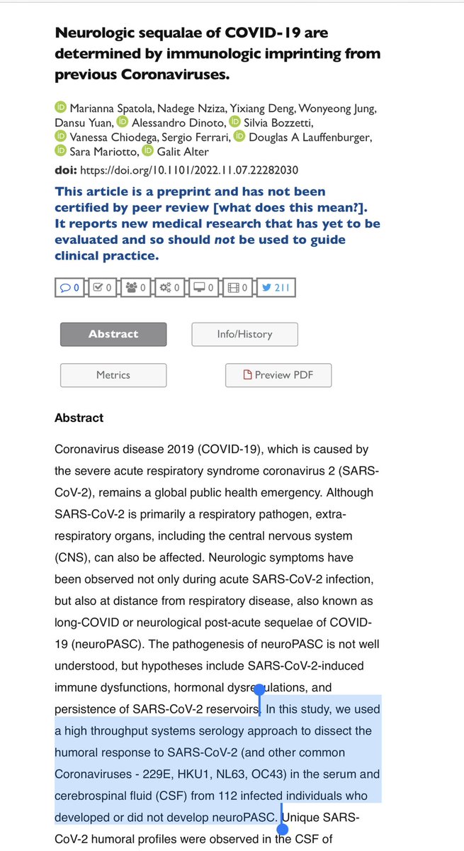 Developed PASC vs Did not

But never V@xxed vs Unv@xxed.. 

“we used a high throughput systems serology approach to dissect the humoral response to SARS-CoV-2 ...in the serum and cerebrospinal fluid (CSF) from 112 infected individuals who developed or did not develop neuroPASC.”