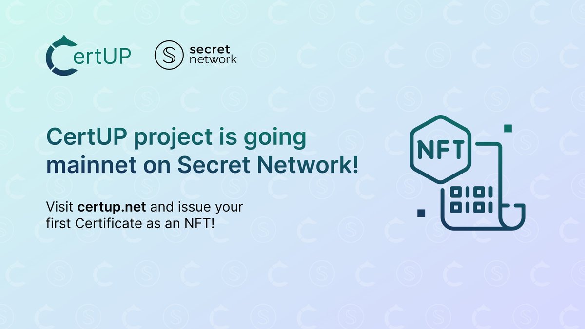 Trivium (@triviumnode) on Twitter photo I bring to thee tidings of great joy. CertUp is finally on mainnet <a href="/SecretNetwork/">Secret Network</a>! Go to certup.net and become an issuer! Create and receive certificates! Bring your document management into the digital age with the power of private blockchain tech!
$SCRT I bring to thee tidings of great joy. CertUp is finally on mainnet <a href="/SecretNetwork/">Secret Network</a>! Go to certup.net and become an issuer! Create and receive certificates! Bring your document management into the digital age with the power of private blockchain tech!
$SCRT