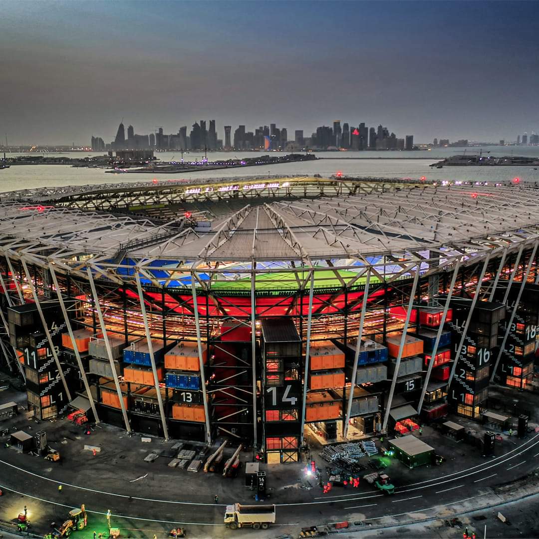 JoePompliano's tweet photo. Qatar built a 40,000-seat stadium out of 974 recycled shipping containers for the 2022 World Cup.

The entire structure can be dismantled, transported to another country, and reassembled at any point in the future.

It's the first temporary stadium in World Cup history. https://t.co/ZSndVLr6iT