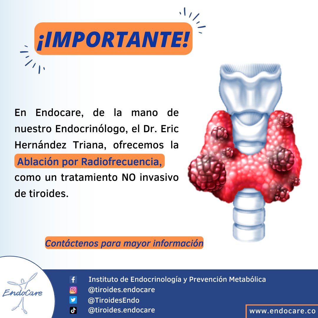 TiroidesEndo's tweet photo. 🔝Ablación por Radiofrecuencia: una técnica mínimamente invasiva, que se está convirtiendo en la nueva alternativa para la cirugía tradicional de #tiroides.
#bociomultinodular #endocrinologia #cirugiadetiroides #thyroid #thyroidsurgery #thyroidnodules #nodules #thyroidcancer https://t.co/W3wcr273NB