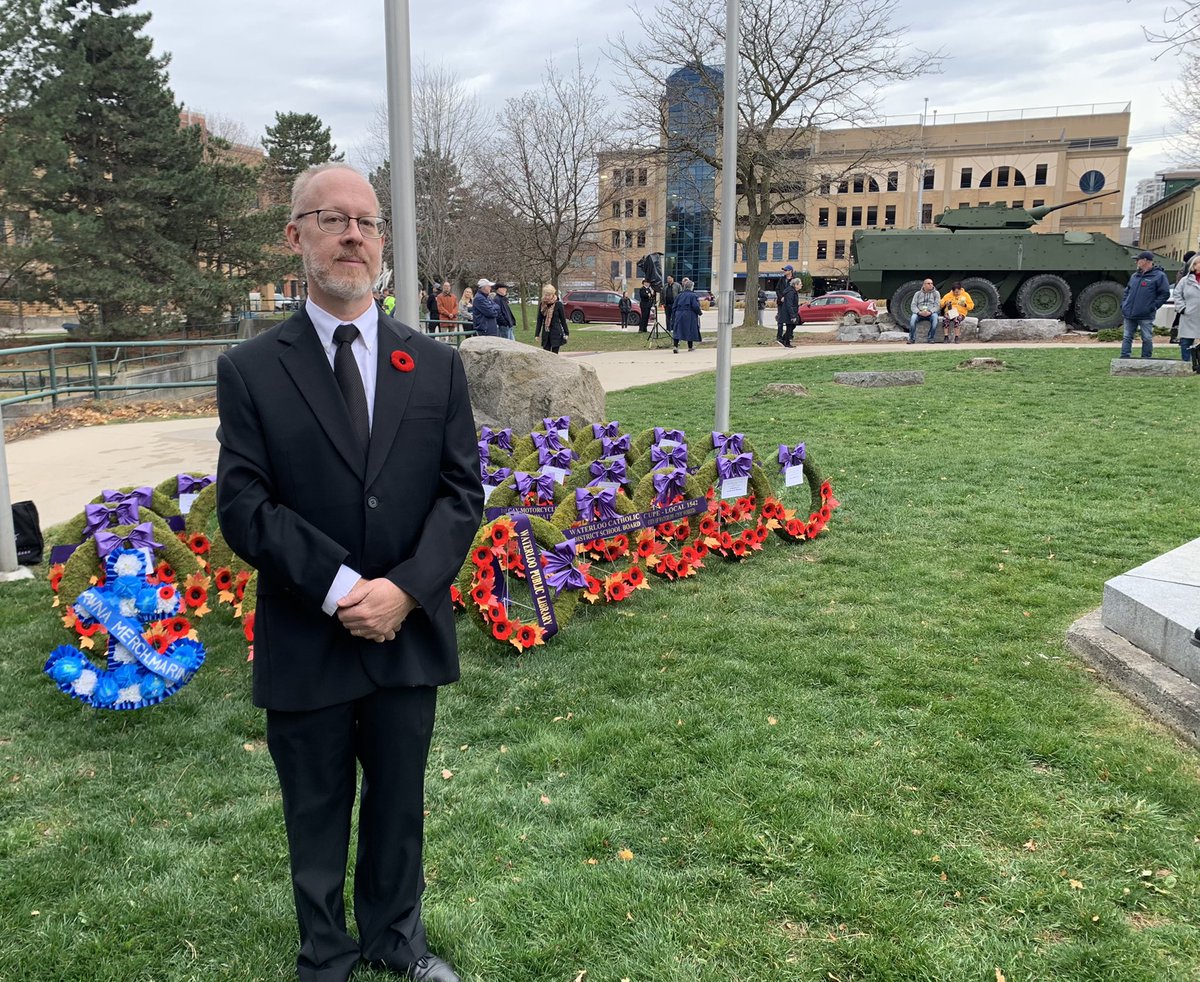 WaterlooBand's tweet image. We were honoured to play the national anthem and hymns at the Waterloo Cenotaph today.  

"At the going down of the sun and in the morning
We will remember them."