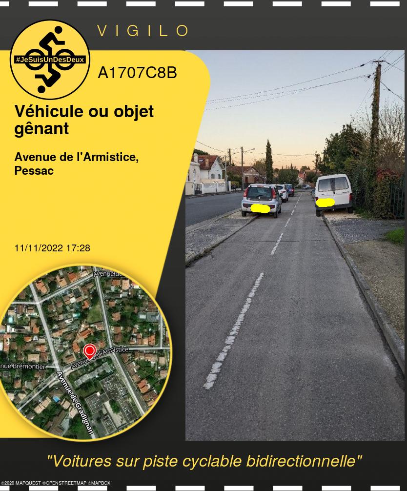VigiloBordeaux's tweet photo. Et un nouveau signalement sur vigilo : 
Voitures sur piste cyclable bidirectionnelle  
https://t.co/Zz4ntbDdKY
#Véhicule ou objet gênant #Pessac @cycles_maniv 
 @BxMetro #jesuisundesdeux https://t.co/UmoJU5zjZ1